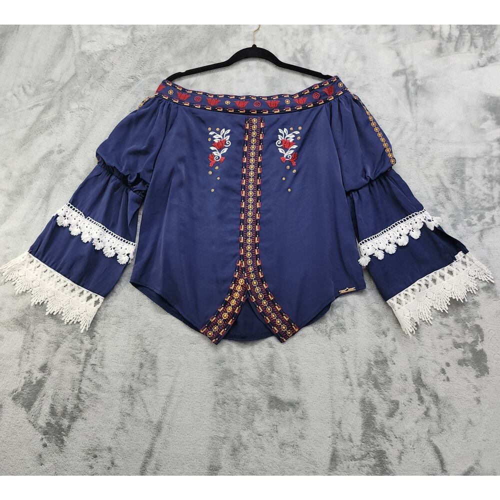 I Too Fashion Top Womens Size L Blue Embroidered Lace Bell Sleeve Off Shoulder